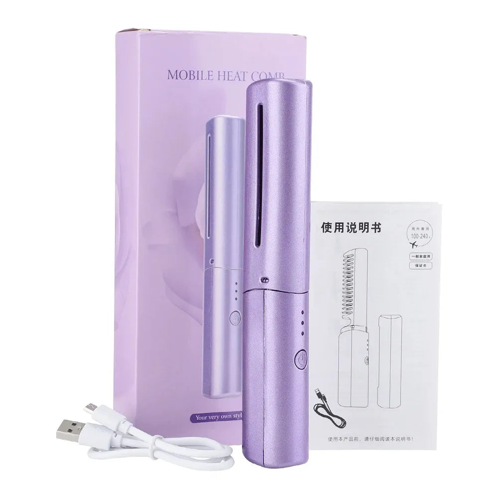 Rechargeable Hair Straightener, Mini Portable Hair Straightener Brush, USB Enhanced Ionic Straightening Comb with LCD Temperature Display, Cordless Small Hair Straightener Comb for Home & Travel