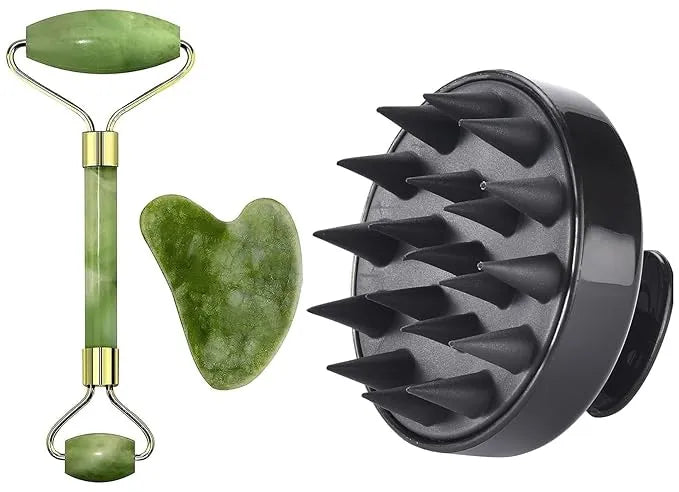 Scalp Massager and Jade Roller & Guasha Tool Natural Himalayan Stone for Face Neck Healing Skin Wrinkles & Serum Application.sager, Facial Roller for Skin, Eyes, Neck - Noiseless Design