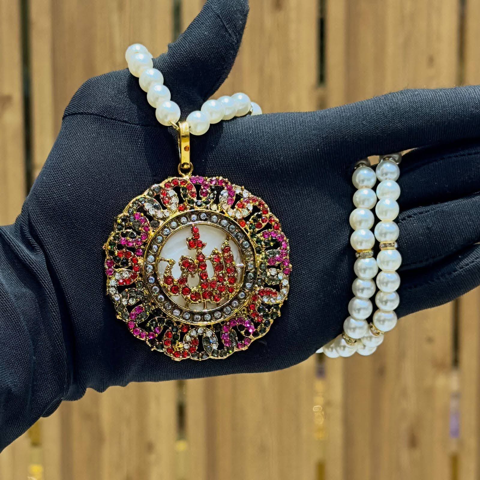 Pure zerconia gold polish Allah pendant with pearl mala