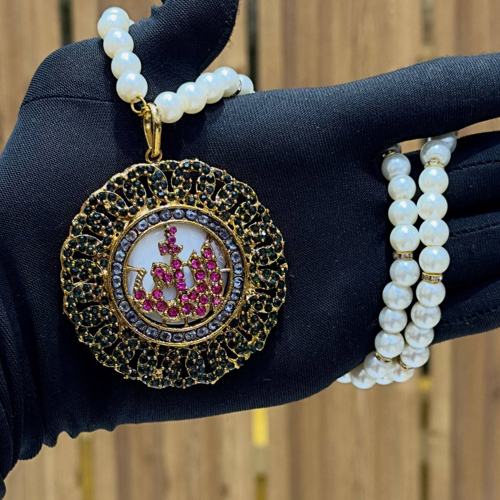 Pure zerconia gold polish Allah pendant with pearl mala