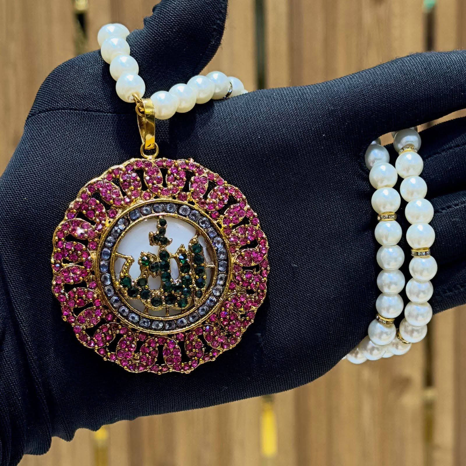 Pure zerconia gold polish Allah pendant with pearl mala