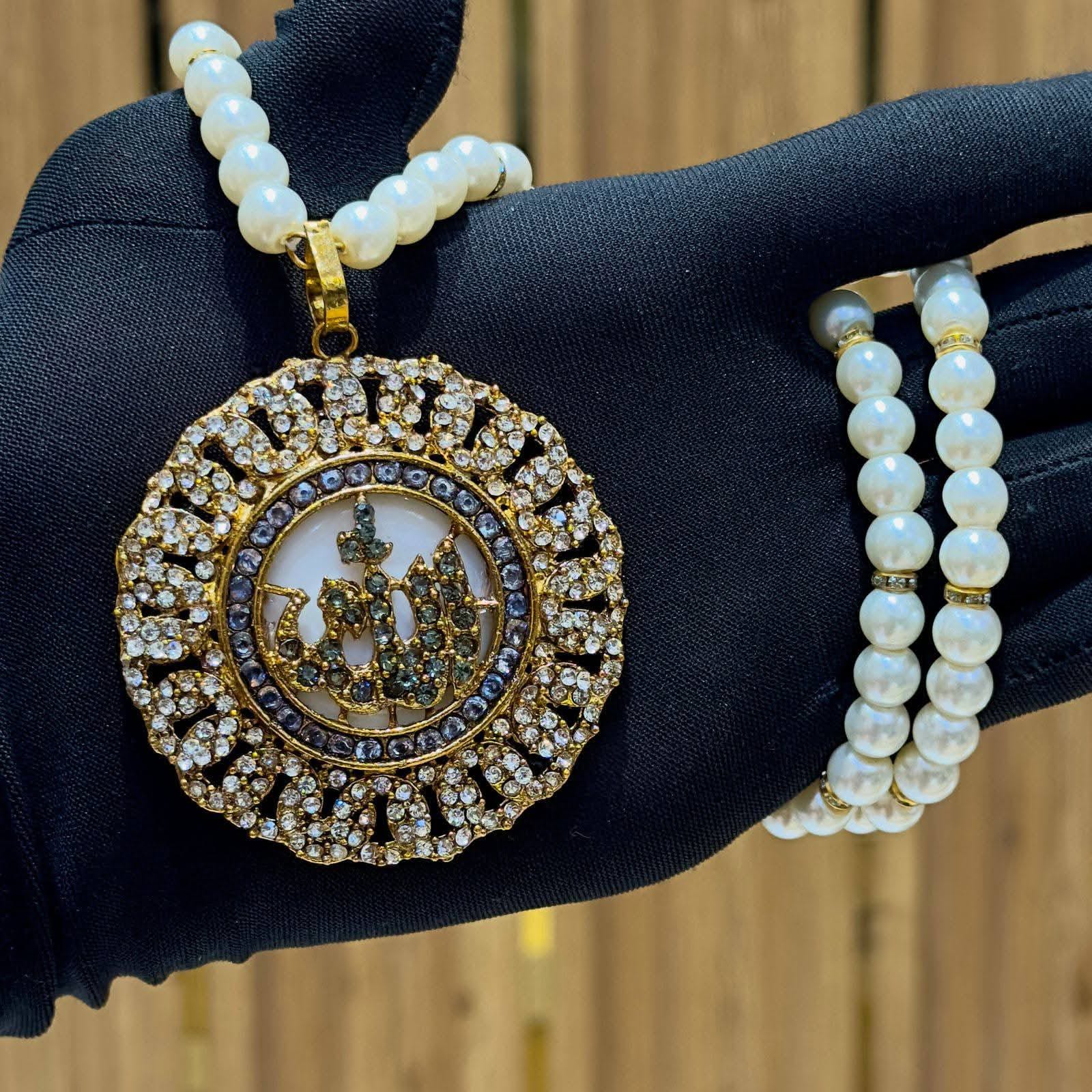 Pure zerconia gold polish Allah pendant with pearl mala