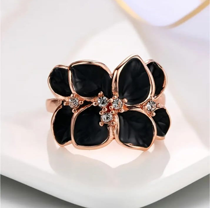 Black Rose Camellia Jewelry Set Earrings Necklace Ring Two-piece Set