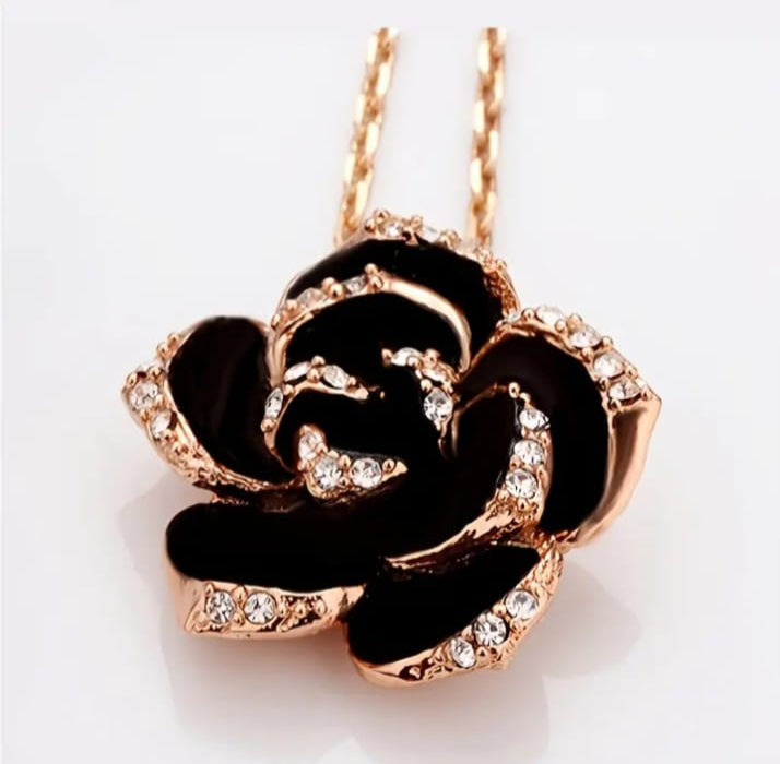 Black Rose Camellia Jewelry Set Earrings Necklace Ring Two-piece Set
