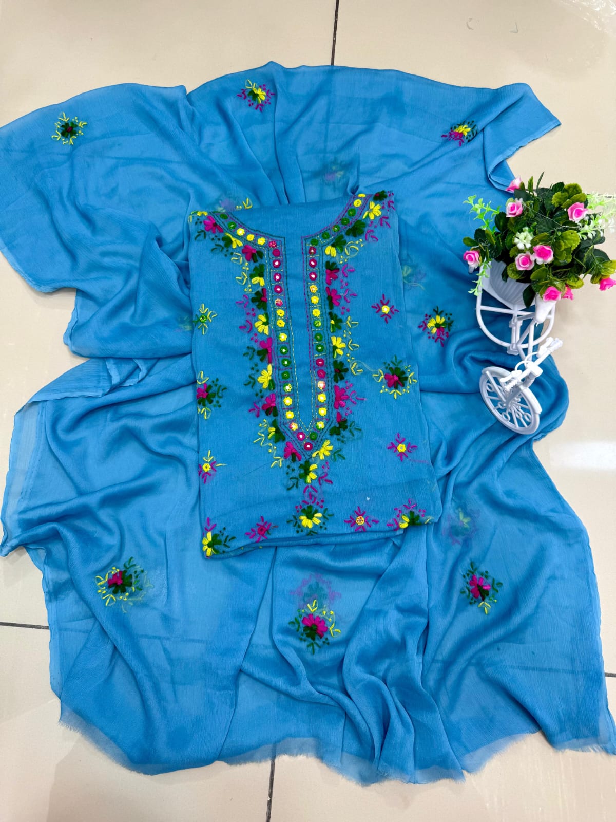 Handmade Mirror Work  pakka tanka malti thread embroidery with on pure soft chiffon