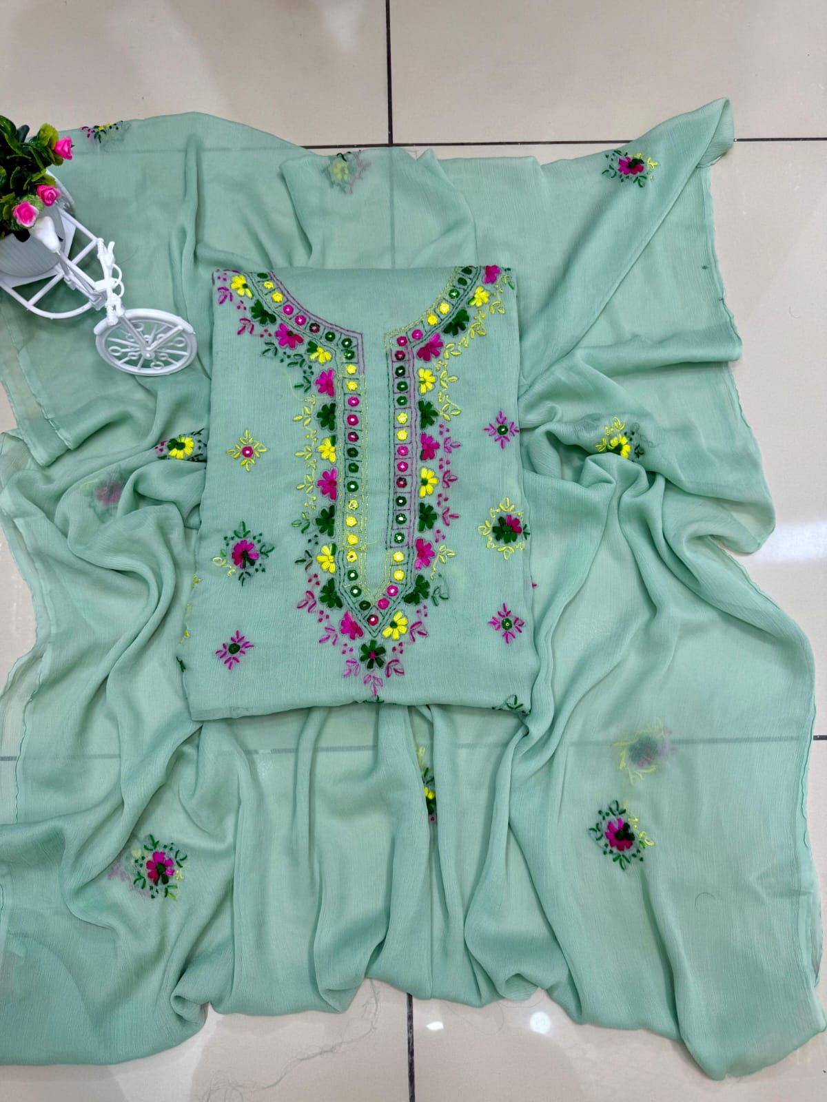 Handmade Mirror Work  pakka tanka malti thread embroidery with on pure soft chiffon