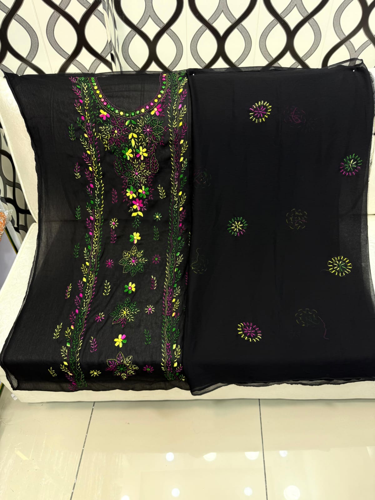 Handmade Mirror Work  pakka tanka malti thread embroidery with on pure soft chiffon