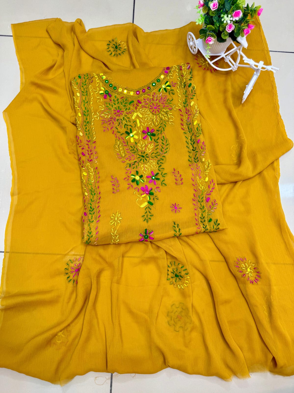 Handmade Mirror Work  pakka tanka malti thread embroidery with on pure soft chiffon