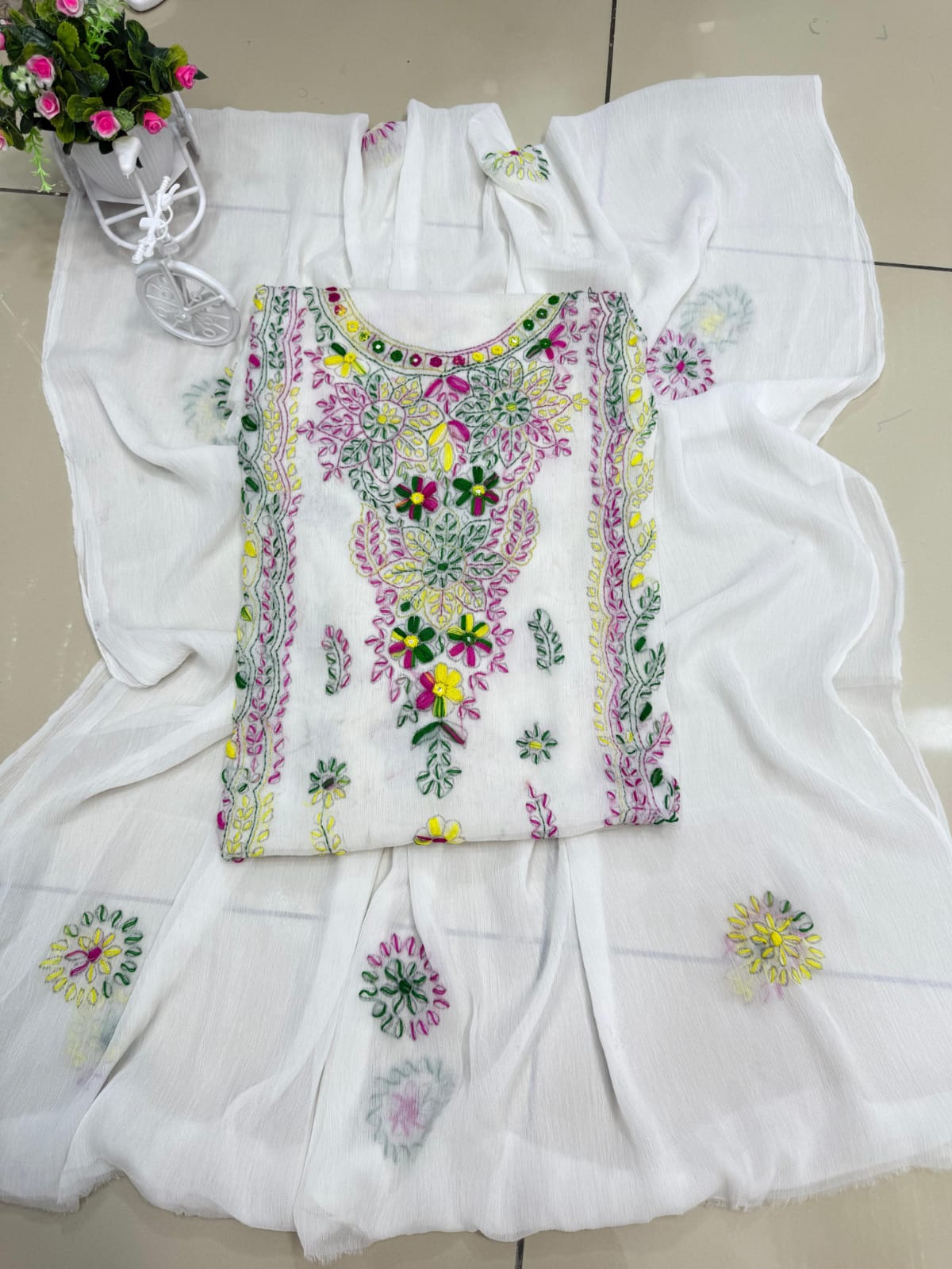 Handmade Mirror Work  pakka tanka malti thread embroidery with on pure soft chiffon