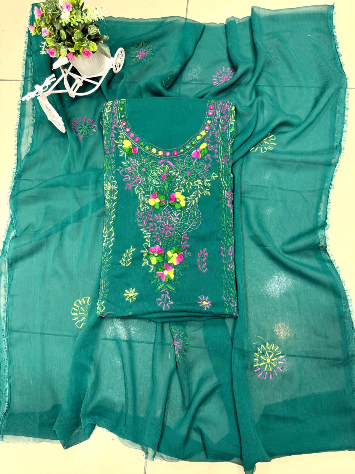 Handmade Mirror Work  pakka tanka malti thread embroidery with on pure soft chiffon