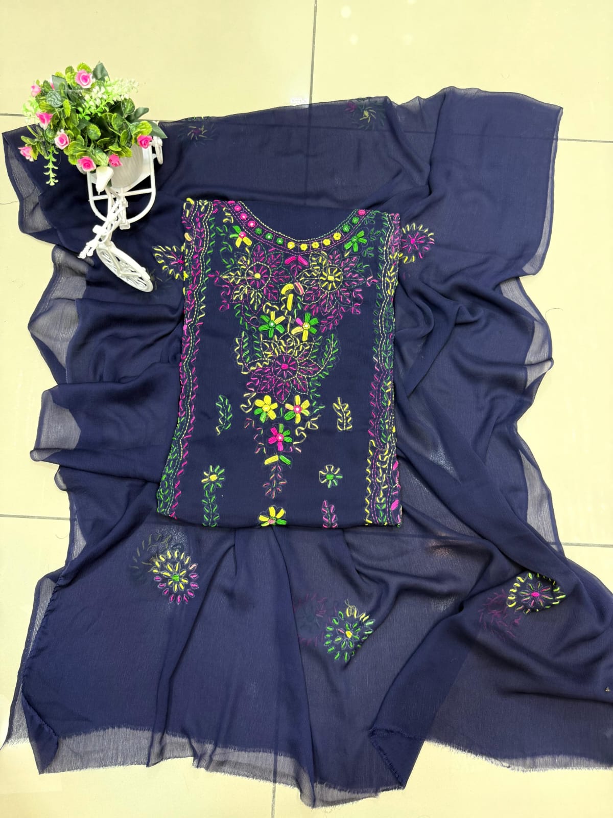 Handmade Mirror Work  pakka tanka malti thread embroidery with on pure soft chiffon