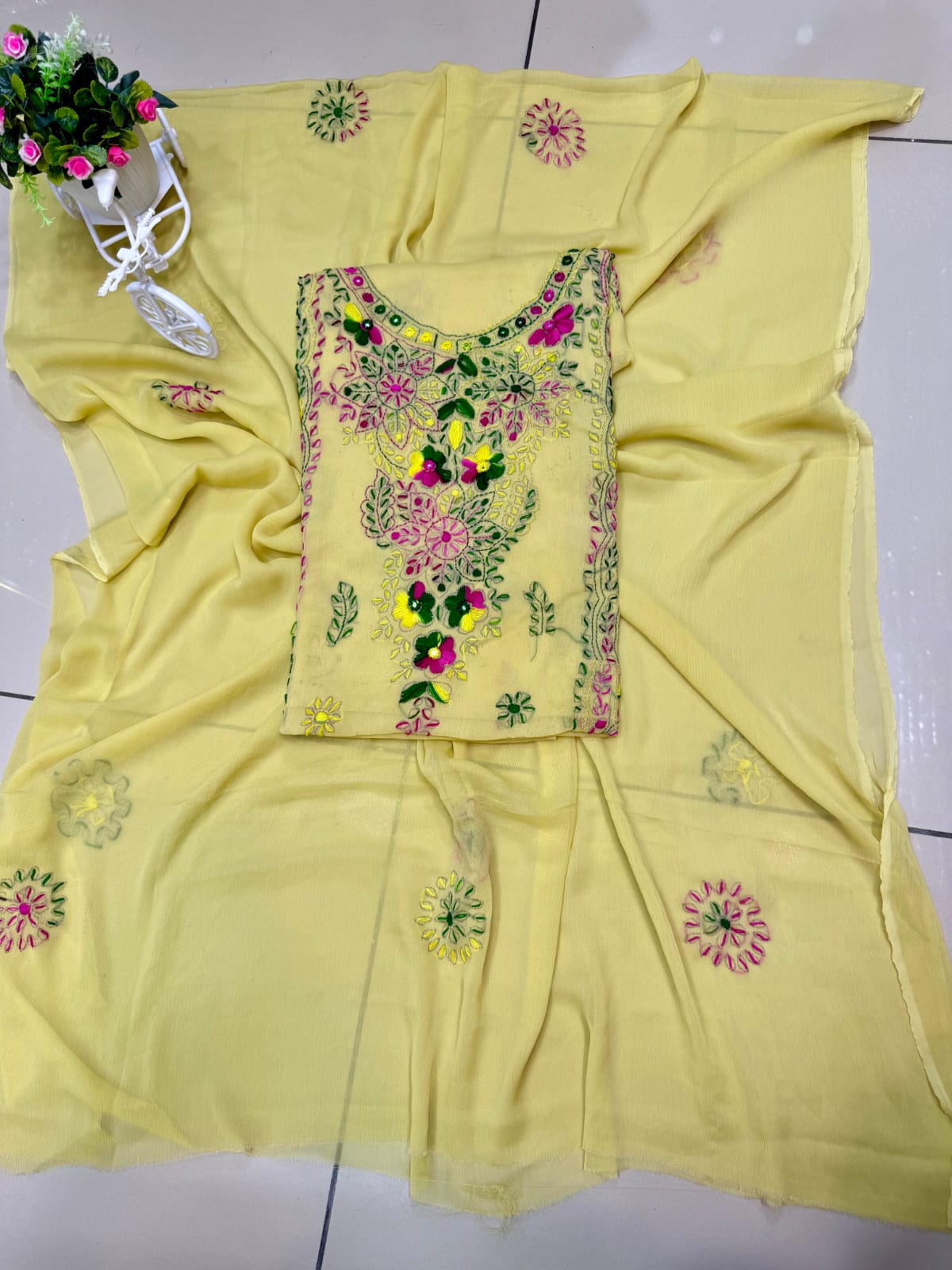 Handmade Mirror Work  pakka tanka malti thread embroidery with on pure soft chiffon