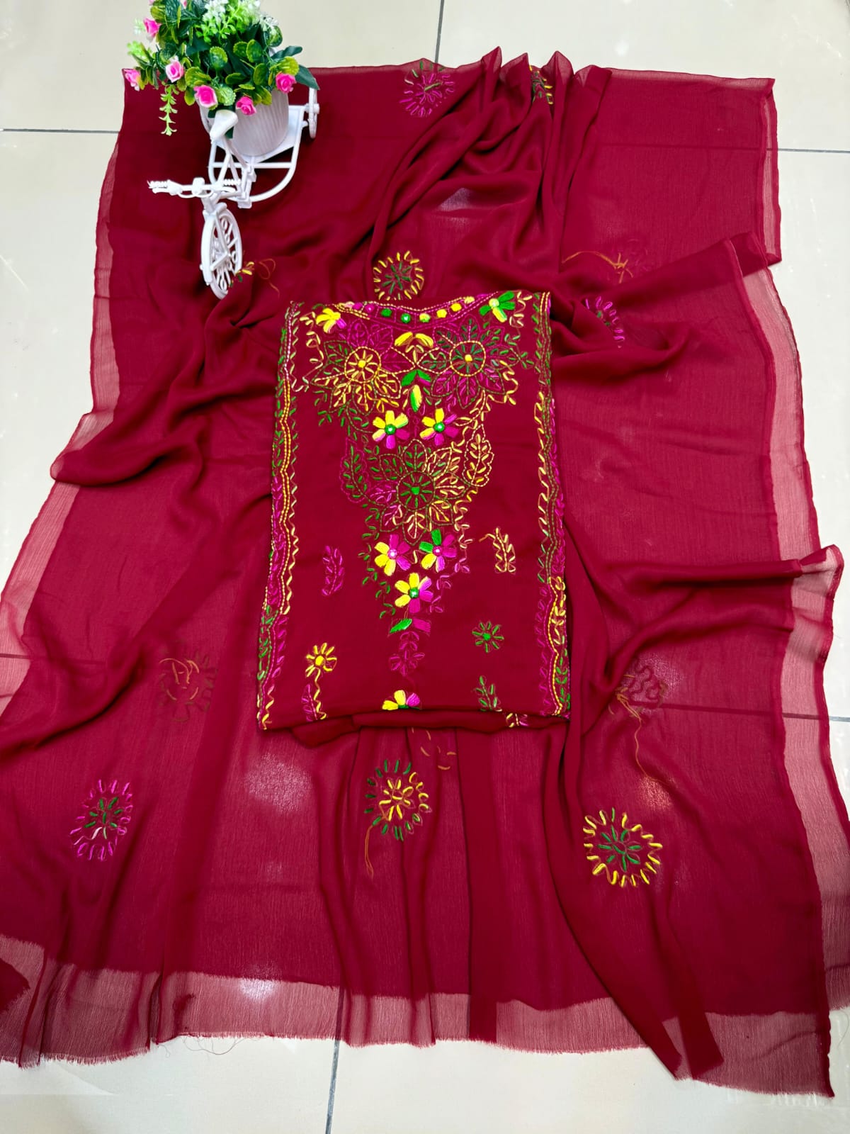 Handmade Mirror Work  pakka tanka malti thread embroidery with on pure soft chiffon