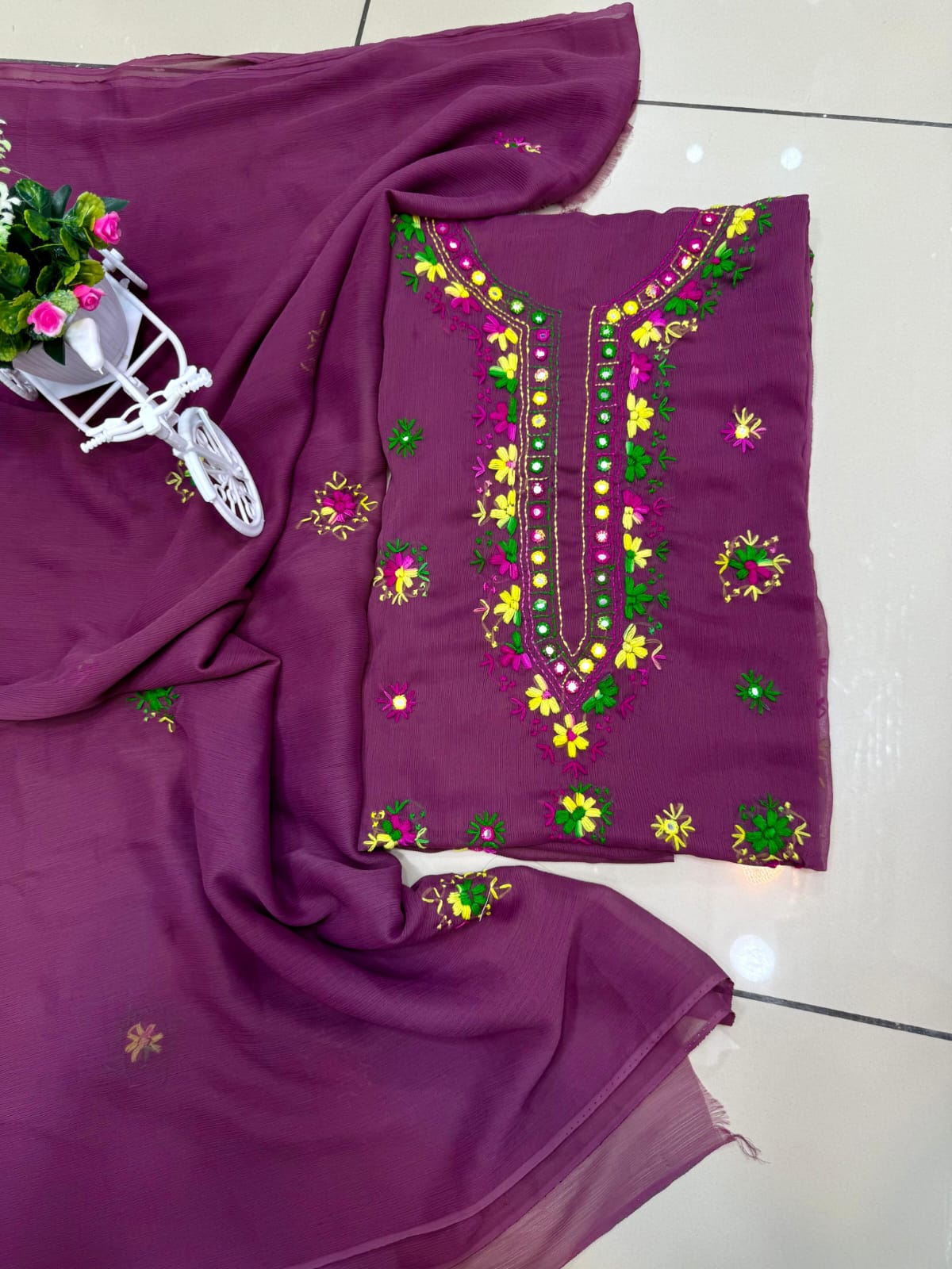 Handmade Mirror Work  pakka tanka malti thread embroidery with on pure soft chiffon