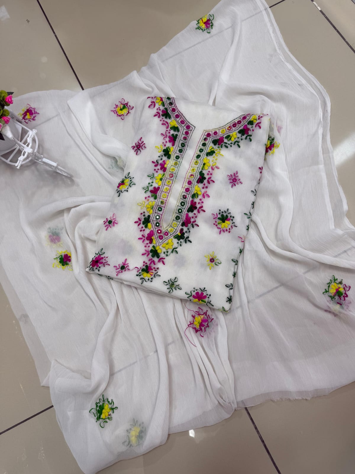 Handmade Mirror Work  pakka tanka malti thread embroidery with on pure soft chiffon