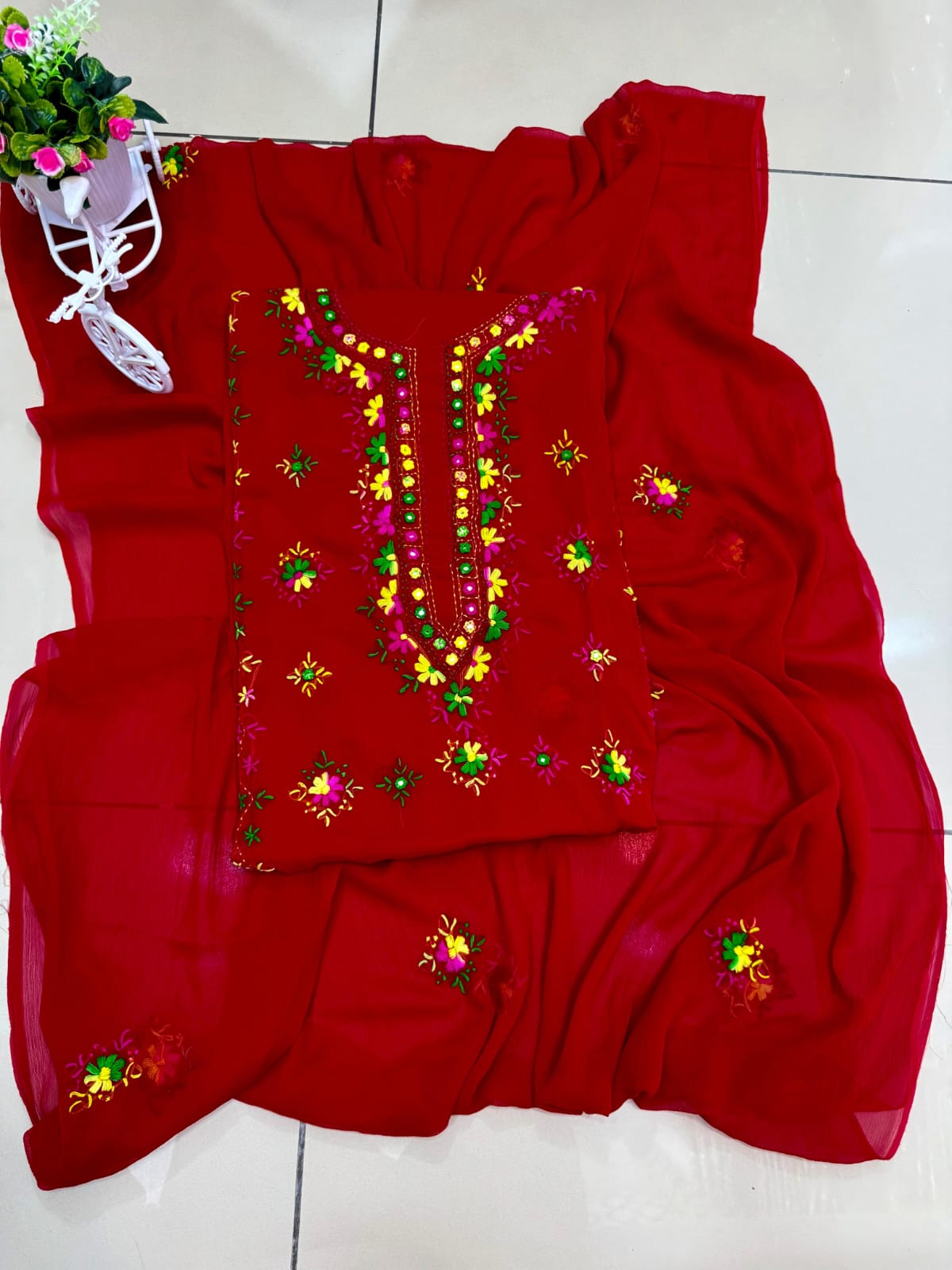 Handmade Mirror Work  pakka tanka malti thread embroidery with on pure soft chiffon