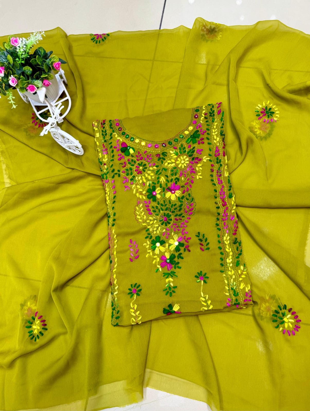 Handmade Mirror Work  pakka tanka malti thread embroidery with on pure soft chiffon